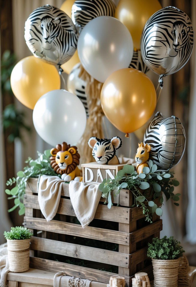 A rustic wooden crate decorated with animal print balloons and baby shower decorations inspired by The Lion King.