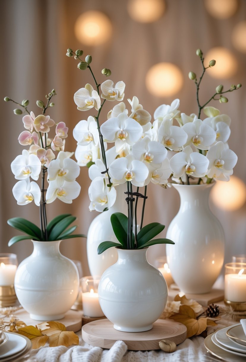 White ceramic vases filled with orchids arranged on a table with autumn decorations.