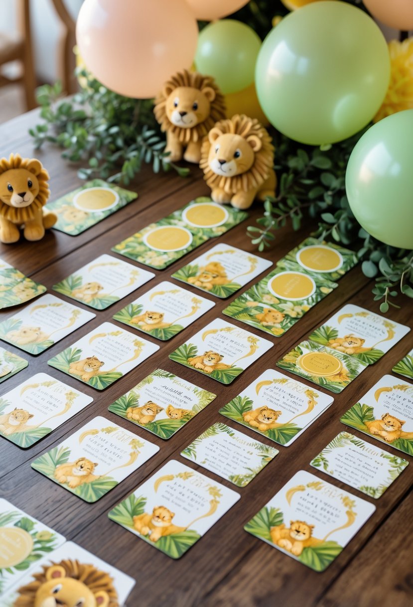 A set of lion-themed baby shower scratch-off game cards arranged on a table with balloons, plush lions, and greenery decorations.