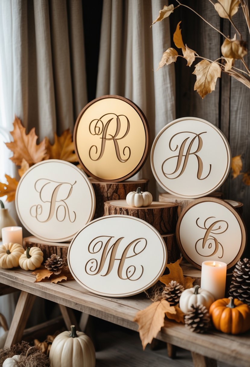 Wooden monogrammed signs arranged on a table with autumn decorations like pumpkins, leaves, and candles for a baby shower.