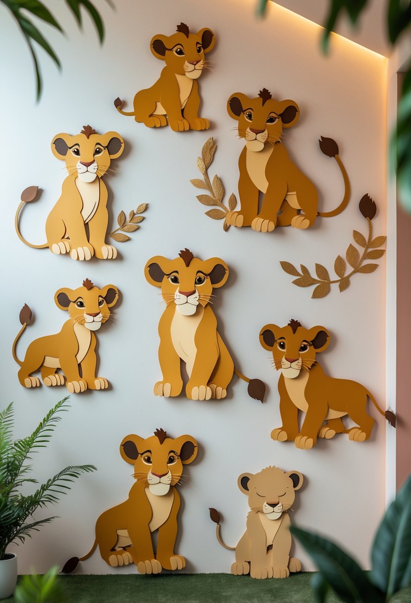 A display of 15 lion cub silhouette cutouts arranged on a pastel background for baby shower wall decorations.