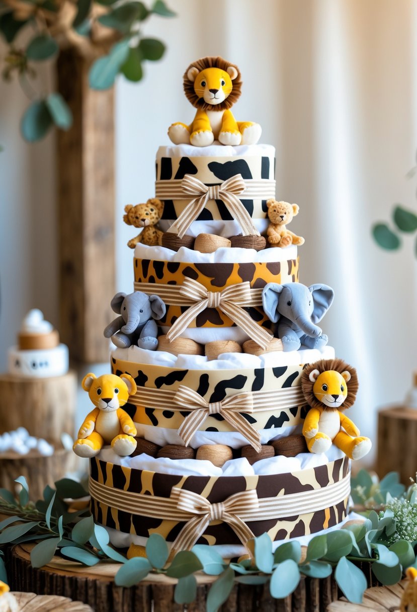A tiered diaper cake decorated with safari animal prints and small plush safari animals, set on a table with baby shower decorations.