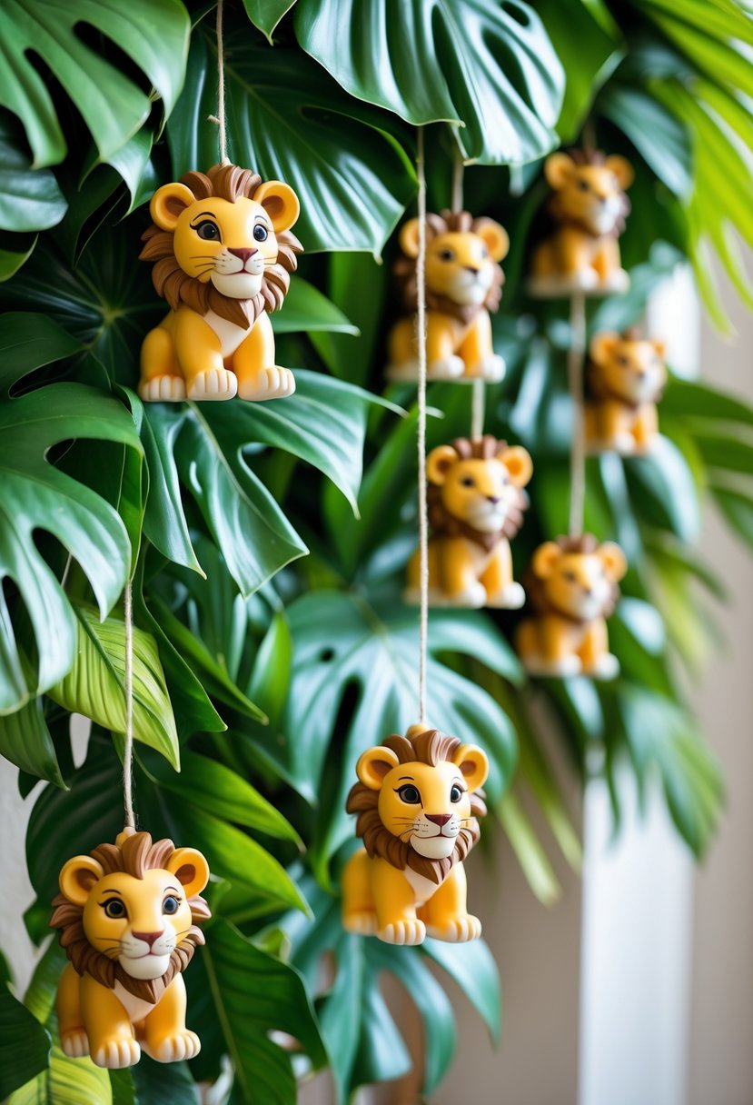 A tropical leaf garland with hanging baby lion figurines arranged for a baby shower decoration.