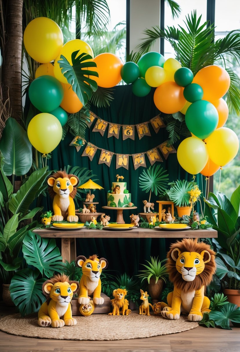 A baby shower setup decorated with lion cub toys, tropical plants, colorful balloons, and jungle-themed decorations arranged on a wooden table.