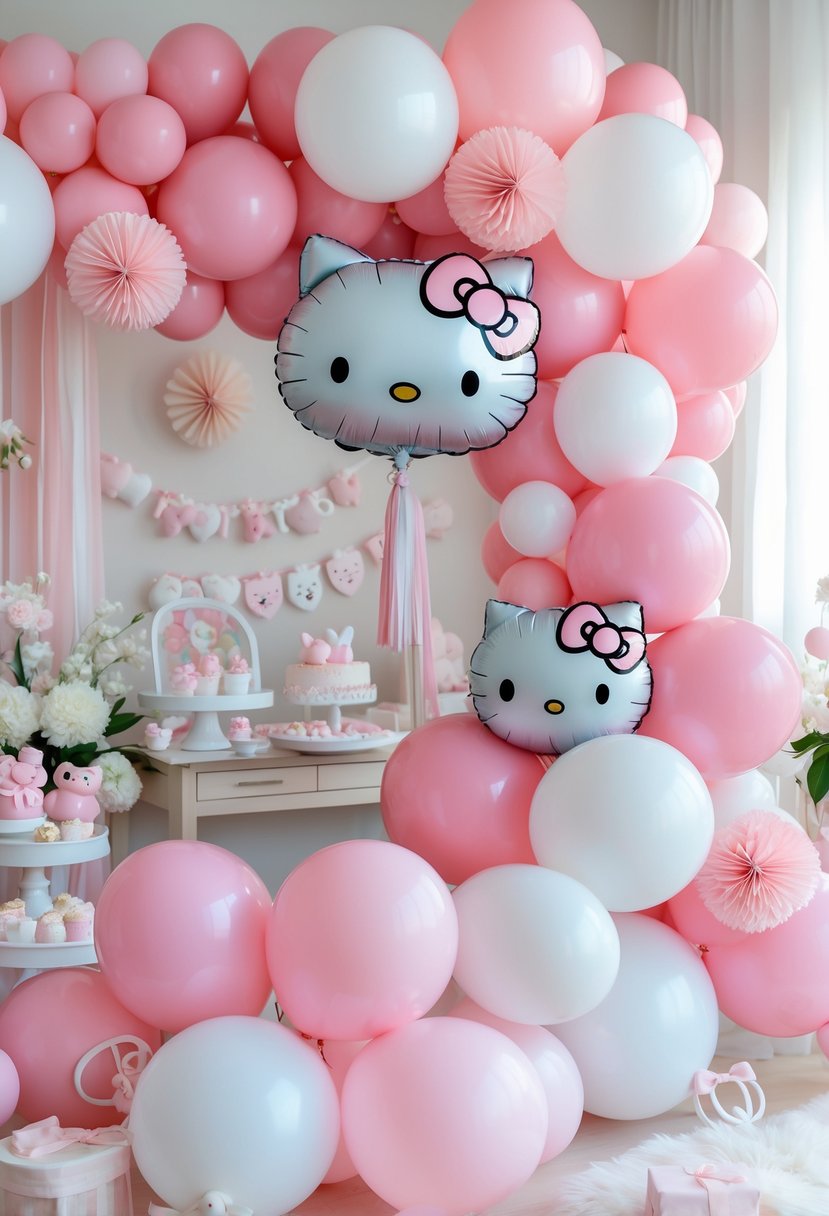 A pink and white balloon garland with Hello Kitty face balloons at a decorated baby shower table.