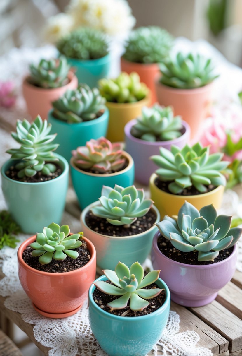 Fifteen mini succulent plants in colorful ceramic pots arranged on a wooden table.