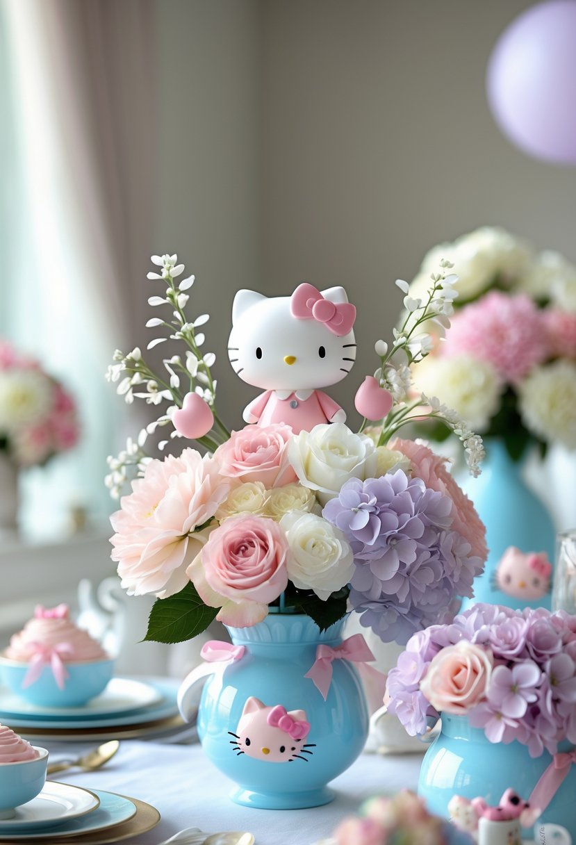 Floral bouquet centerpieces with pastel flowers and subtle Hello Kitty themed decorations on a baby shower table.