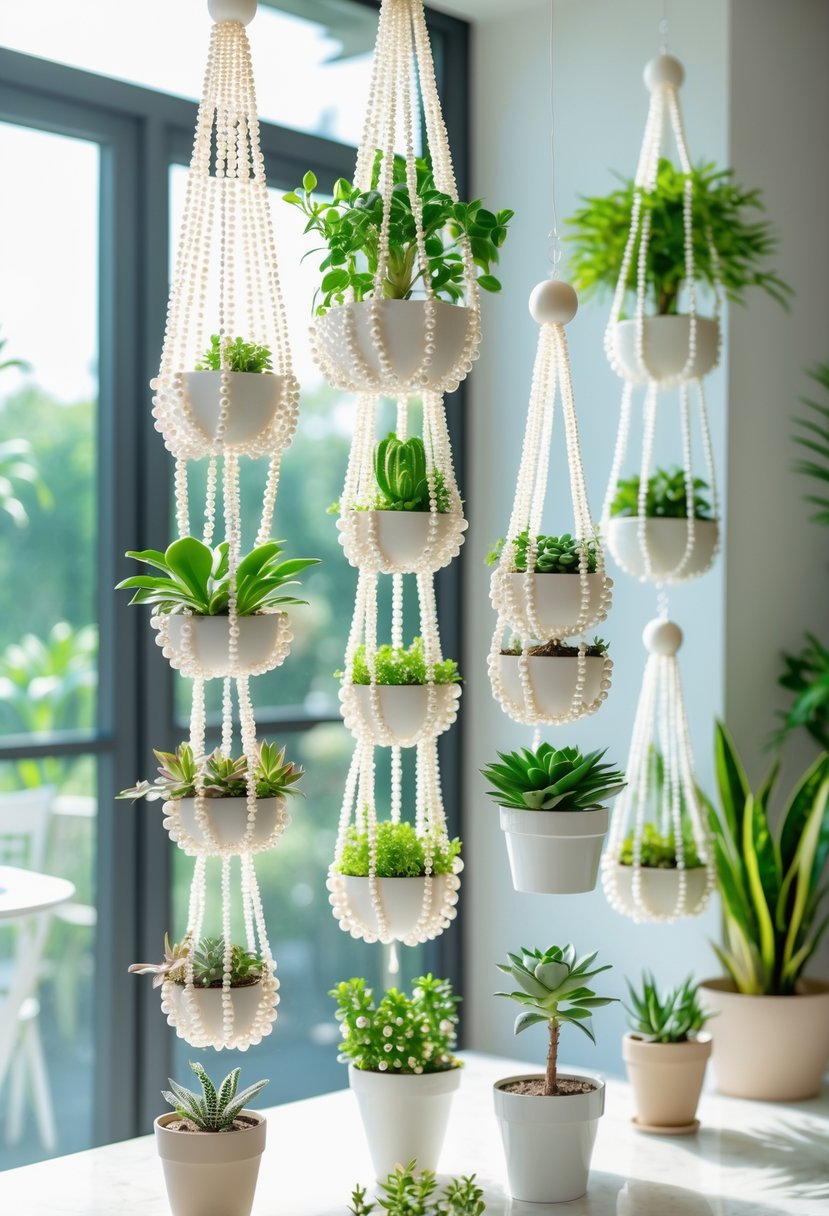 Fifteen small potted plants hanging from strings of pearls at varying heights in a softly lit indoor setting.