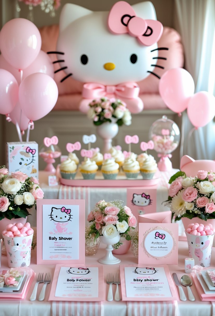 A baby shower table decorated with Hello Kitty-themed items including invitations, flowers, balloons, and baby shower favors in pastel pink and white colors.