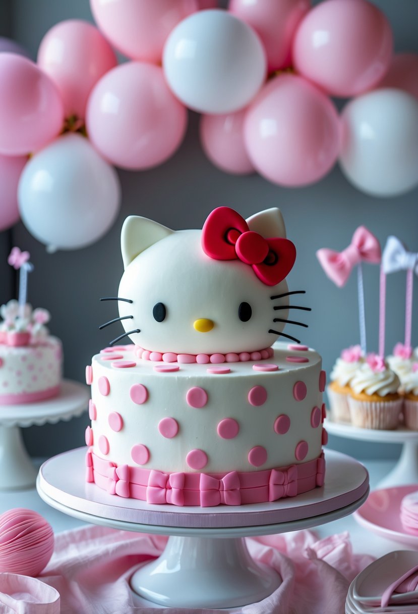 A Hello Kitty themed cake with pink polka dots and a red bow on top, displayed on a white cake stand with baby shower decorations in the background.