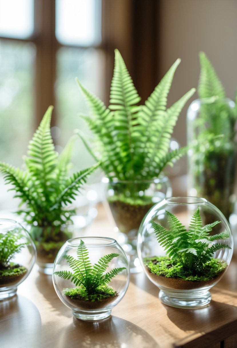 Miniature ferns planted in glass terrariums arranged on a table as wedding decorations.