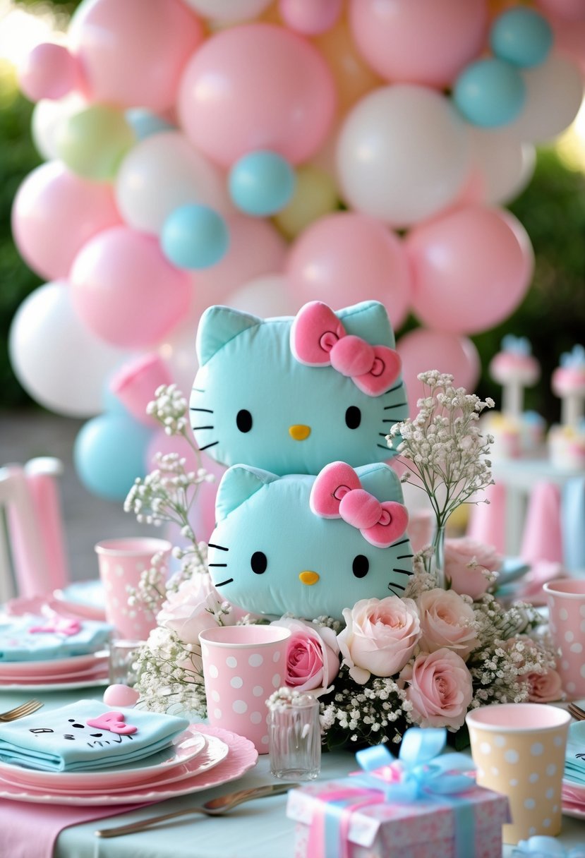 A baby shower table decorated with Hello Kitty plush toys, pastel tableware, flowers, balloons, and ribbons.