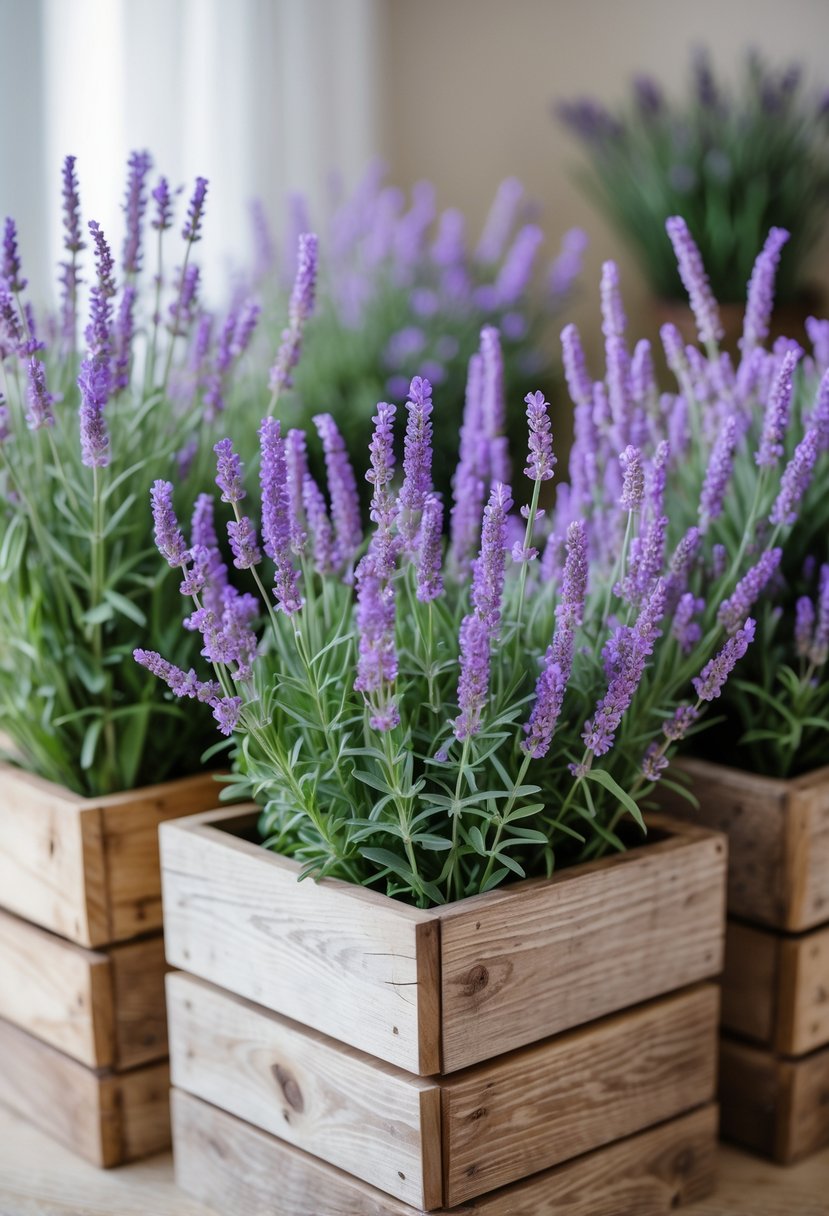 Lavender plants with purple flowers in rustic wooden boxes arranged as wedding decor.