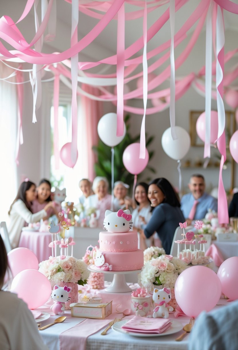 A decorated baby shower with pink and white ribbon streamers, balloons, flowers, and Hello Kitty themed decorations in a cozy room.