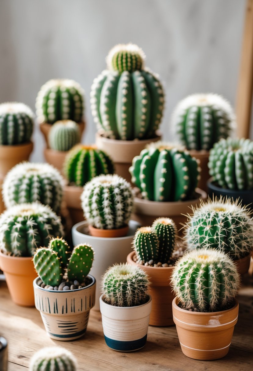 A group of 15 small potted cacti arranged as centerpieces on a wooden table.