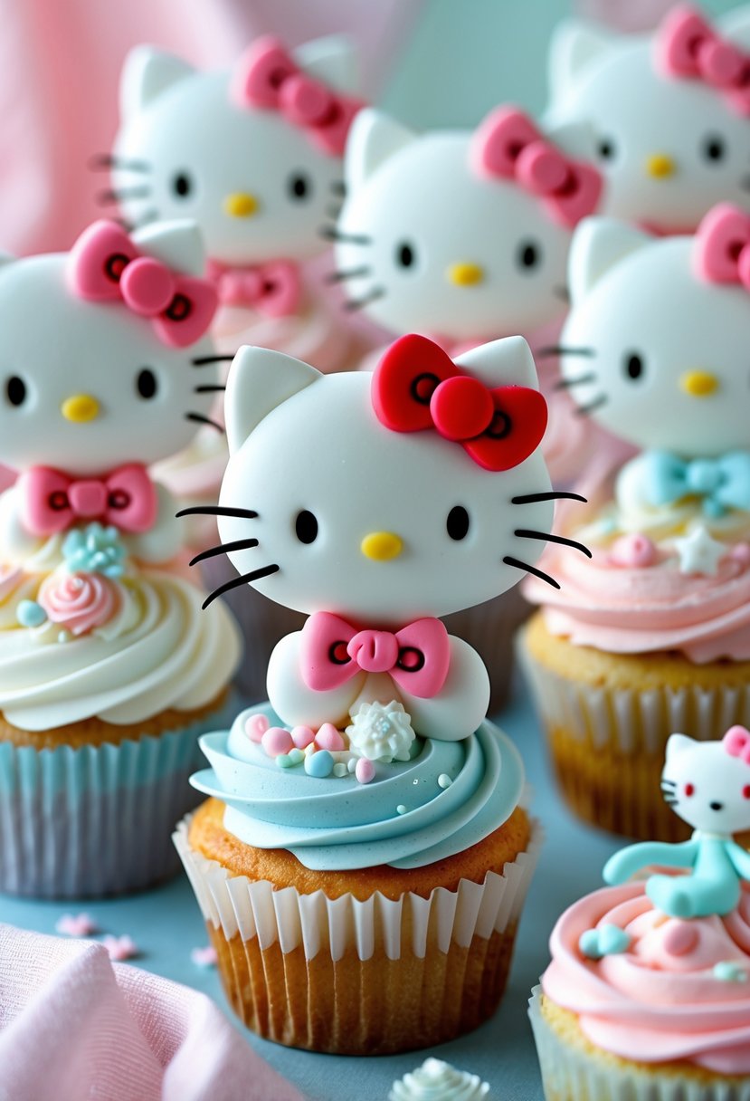 A collection of pastel-colored cupcakes topped with Hello Kitty figures, arranged for a baby shower celebration.