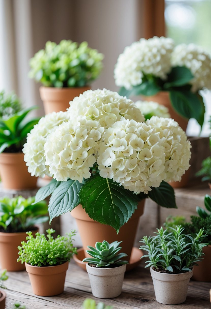 A group of potted white hydrangeas and various small green plants arranged together on a wooden surface.