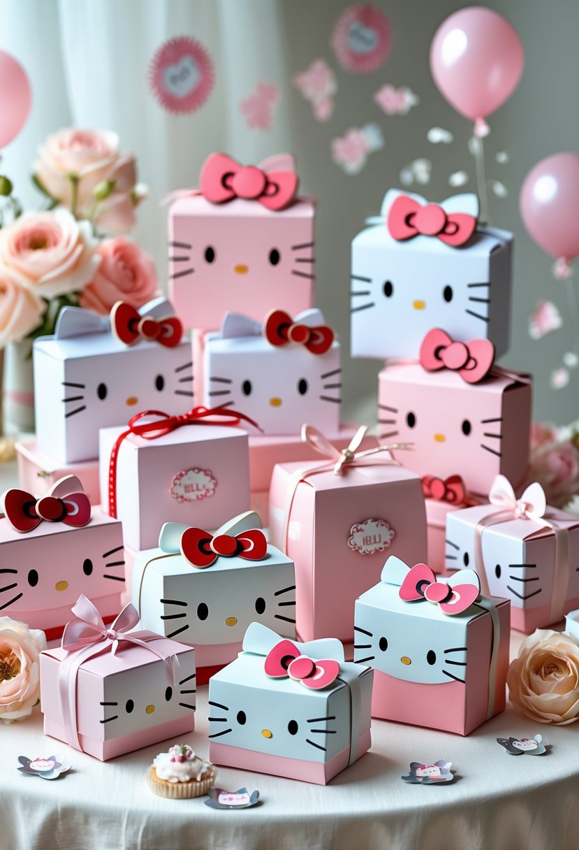 A table with multiple pastel-colored Hello Kitty themed baby shower favor boxes arranged neatly with ribbons and decorations.