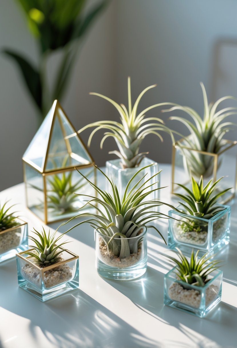 A collection of 15 air plants in geometric glass holders arranged on a light surface.