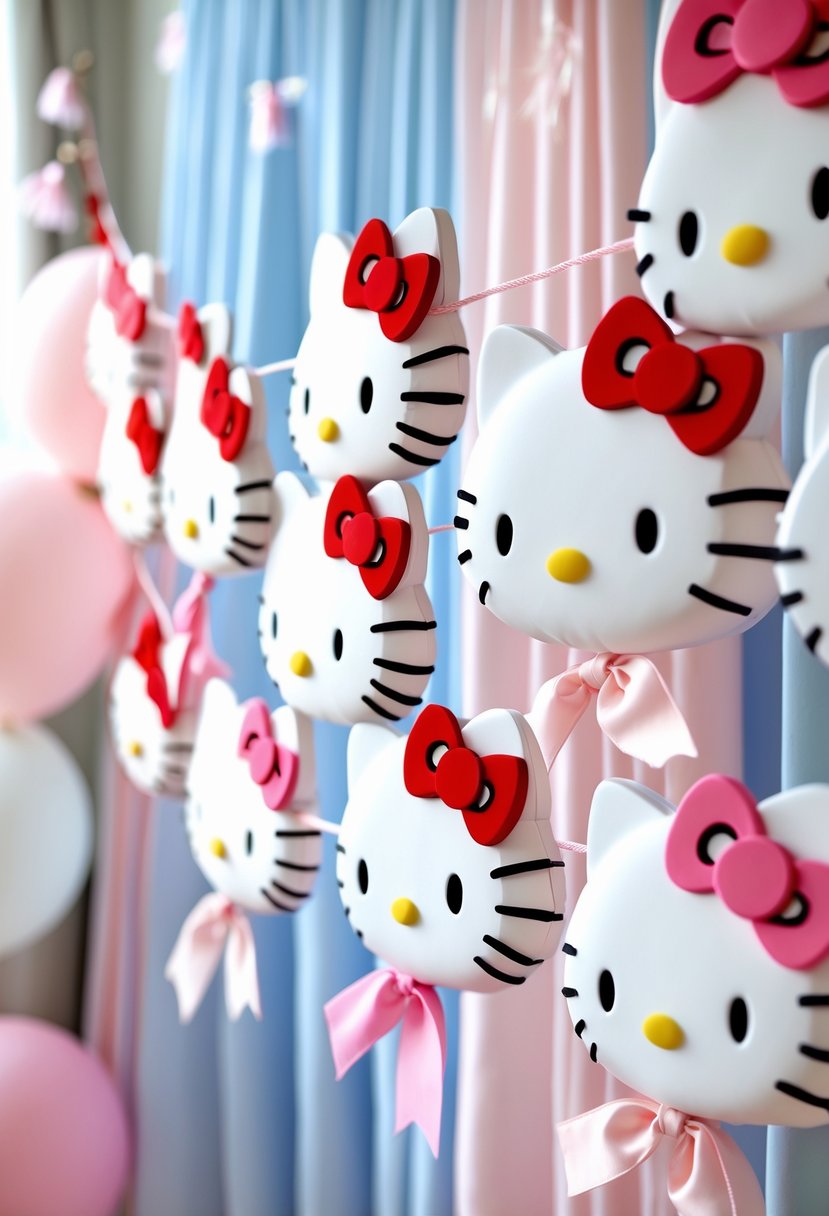 A colorful Hello Kitty garland with red bows hanging as decoration for a baby shower, surrounded by pastel balloons and soft fabric drapes.