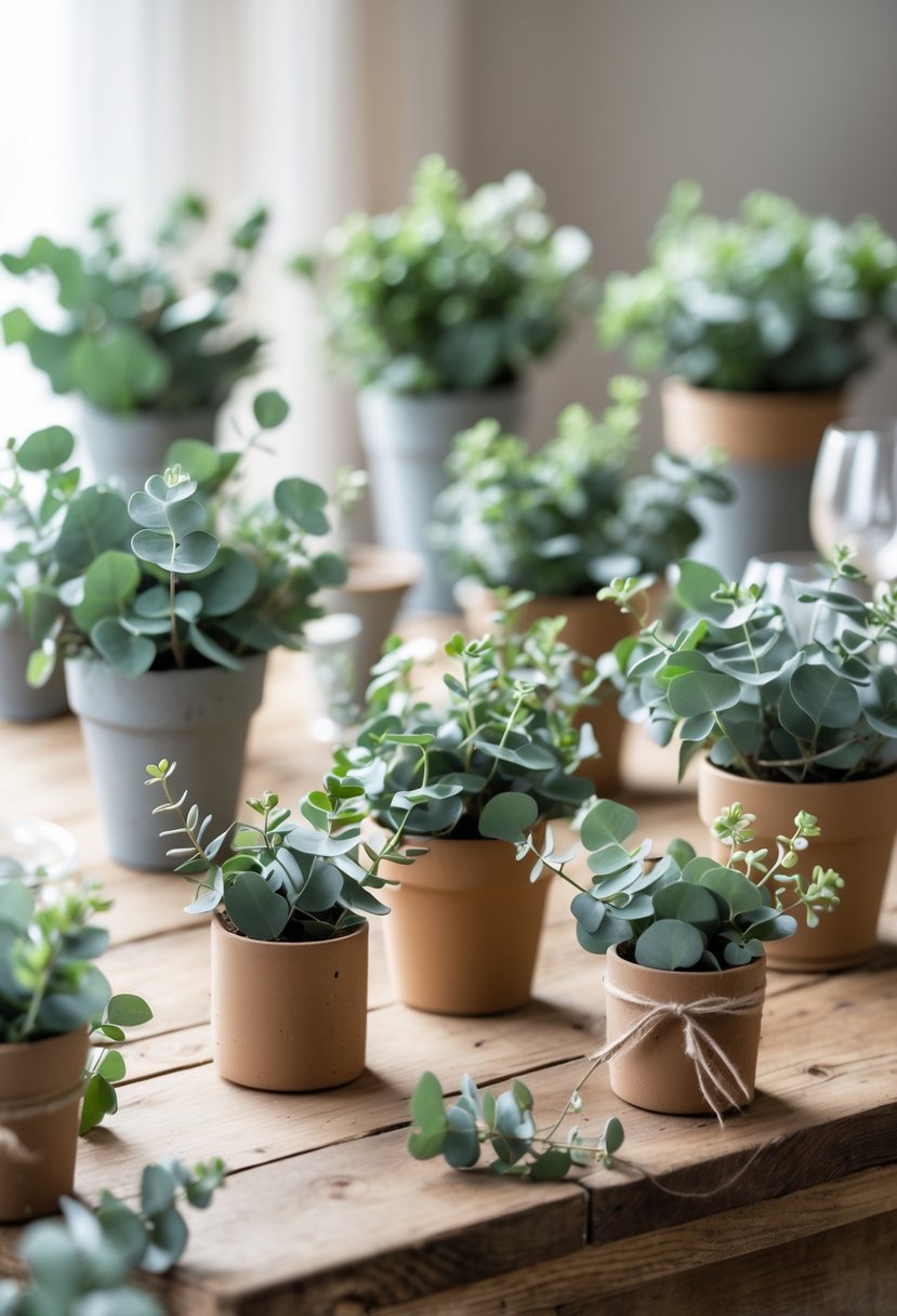 Several small potted eucalyptus plants arranged on a wooden table as decorative table settings.