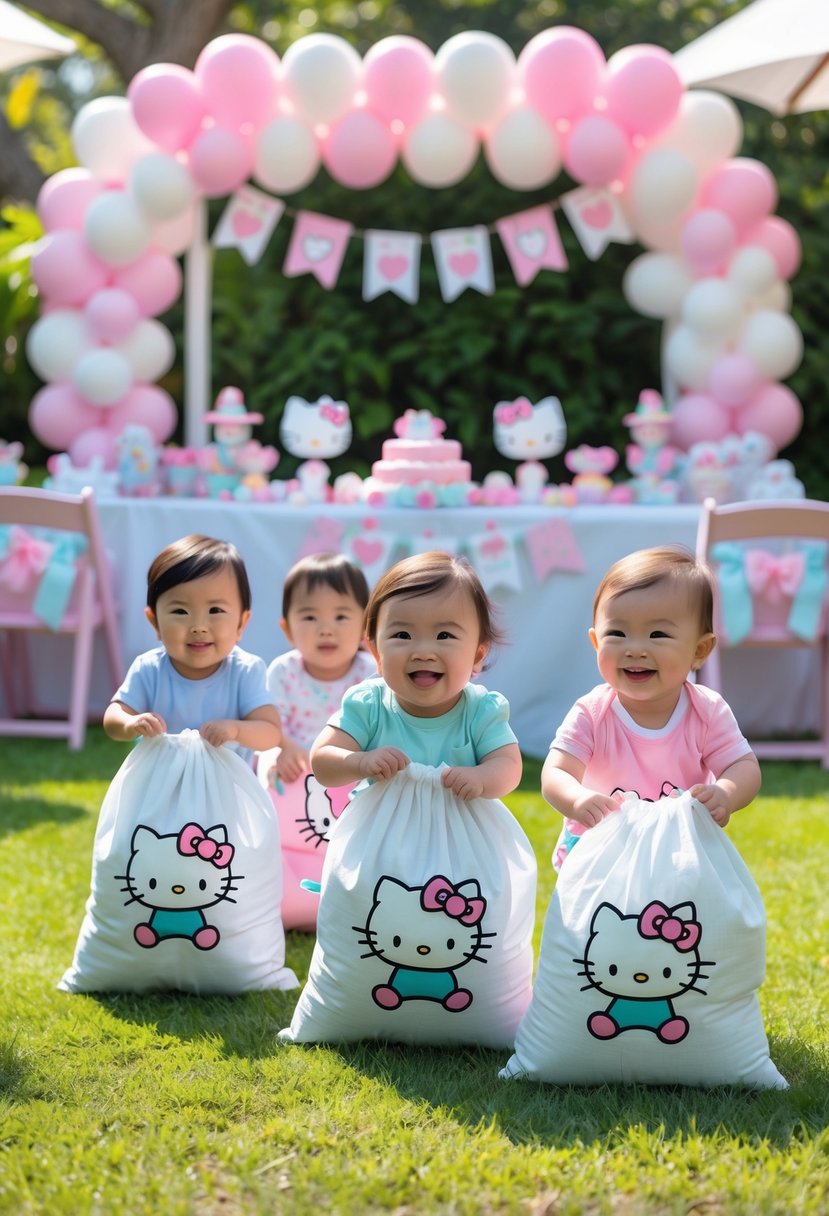 Babies and toddlers playing a sack race game outdoors with Hello Kitty-themed decorations and happy adults nearby.