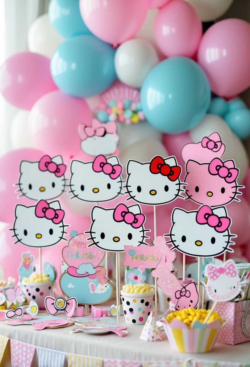 A table displaying colorful Hello Kitty baby shower photo booth props including bows and decorations surrounded by pastel balloons.