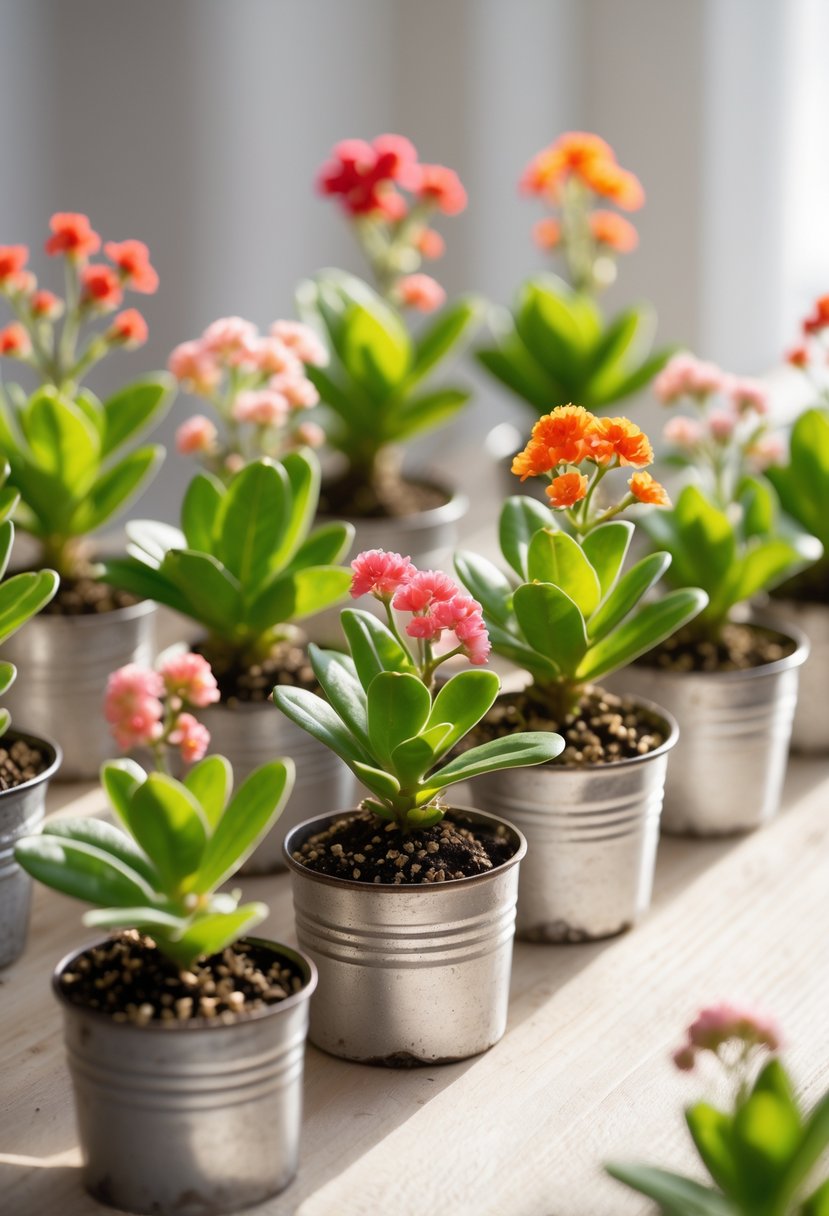 Fifteen small flowering kalanchoe plants in tin pots arranged on a wooden surface.