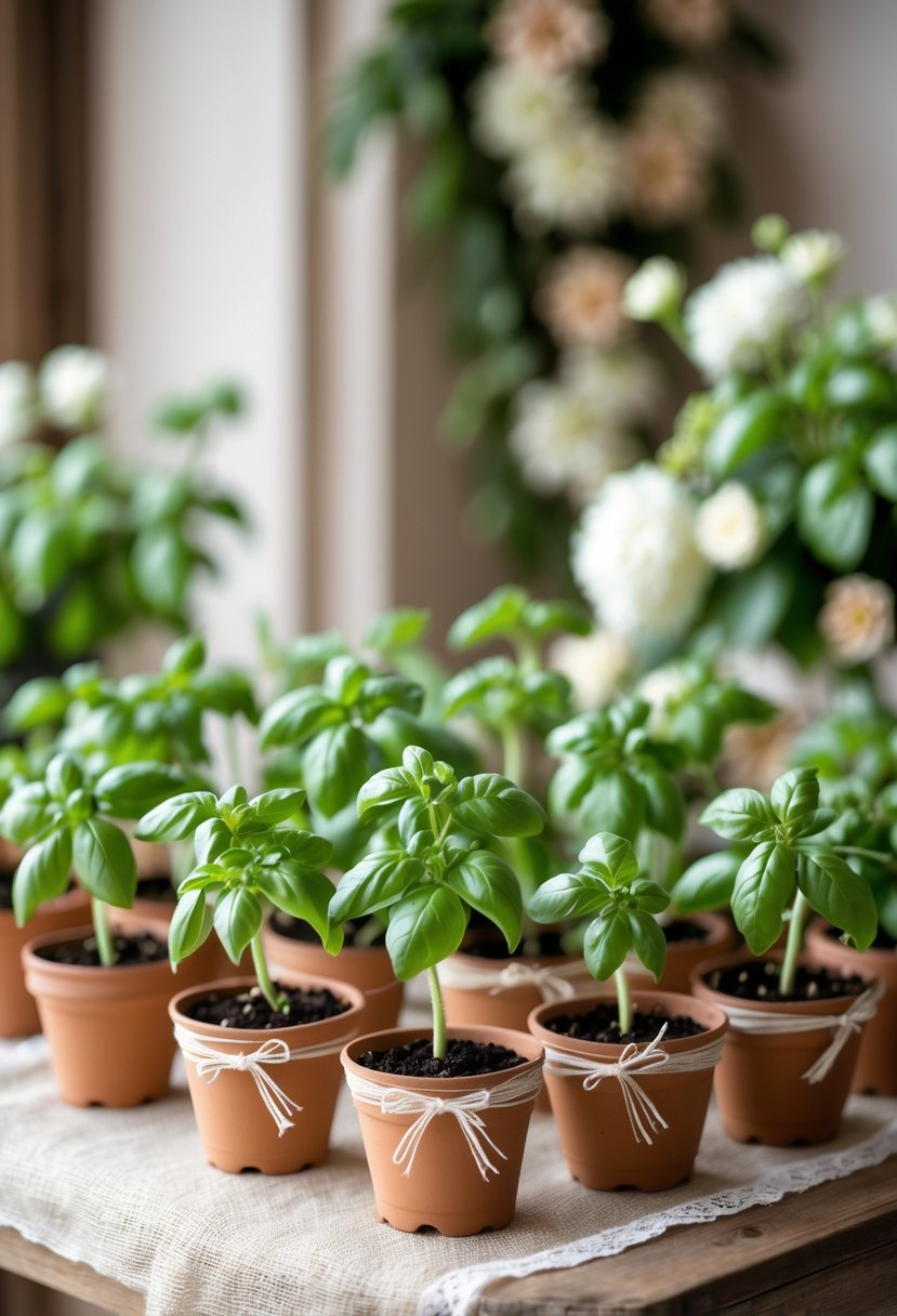 Fifteen small potted basil plants arranged as wedding guest favors on a wooden surface.