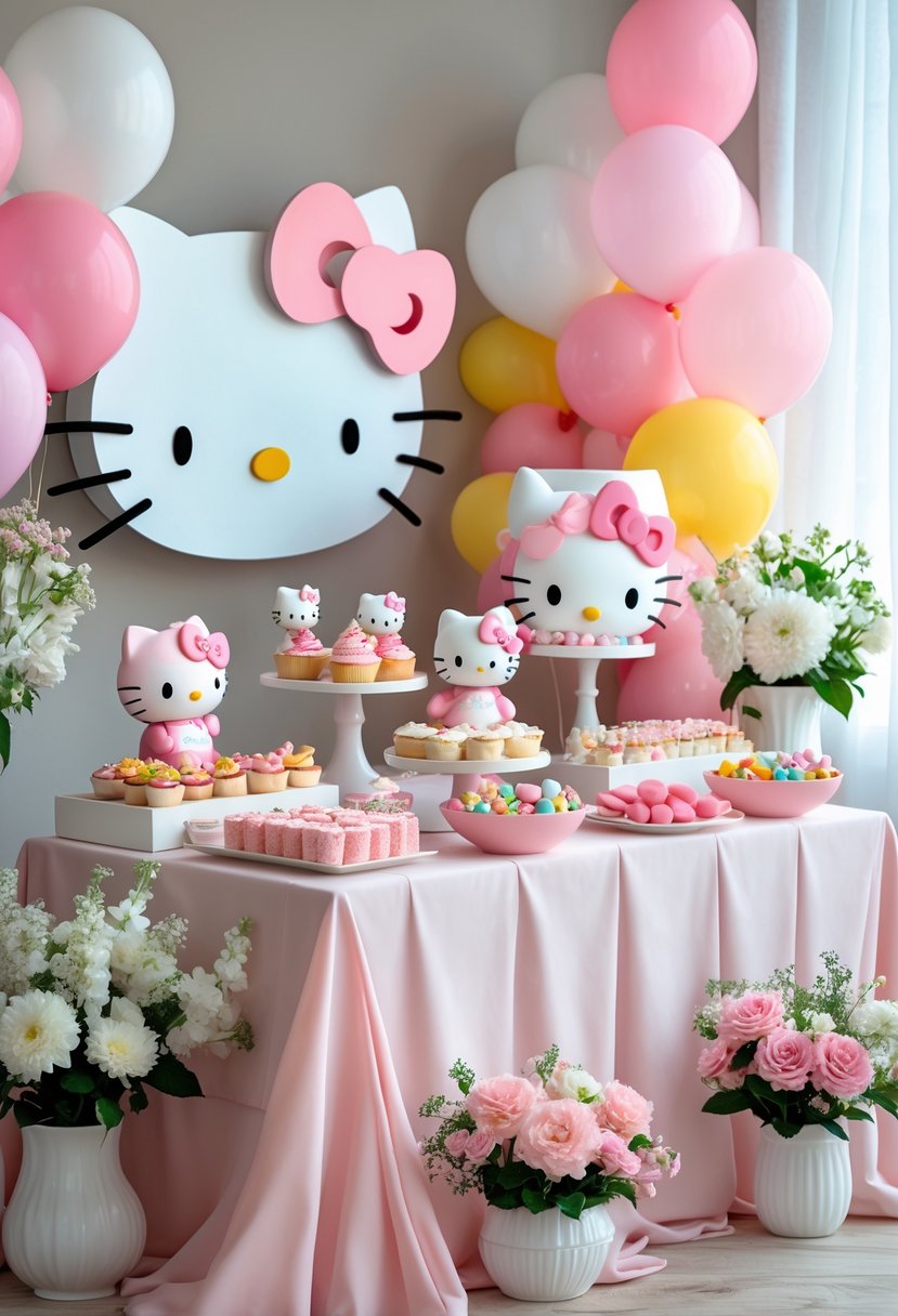 A decorated snack table with Hello Kitty themed treats and decorations for a baby shower.