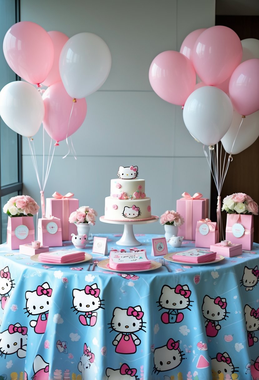 A baby shower table decorated with Hello Kitty patterned tablecloth, balloons, gifts, flowers, and a themed cake.