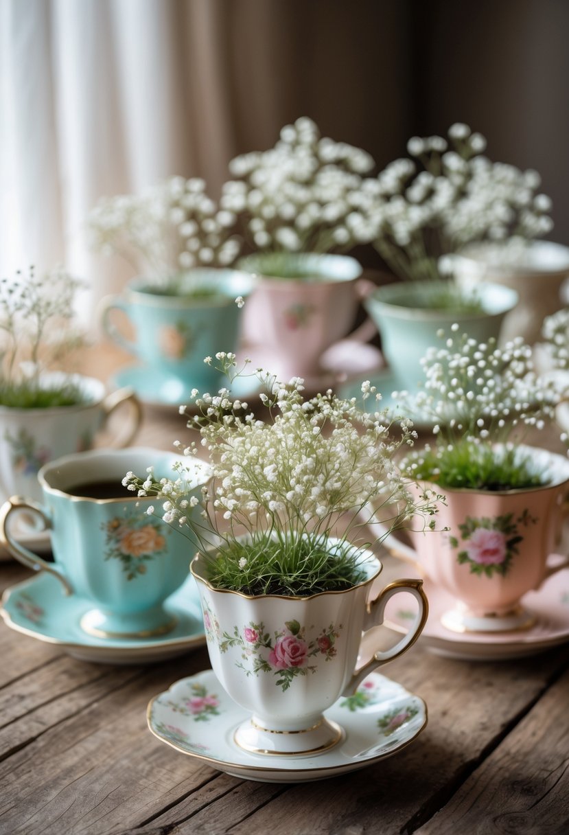 Several vintage teacups filled with baby's breath flowers arranged on a wooden surface.