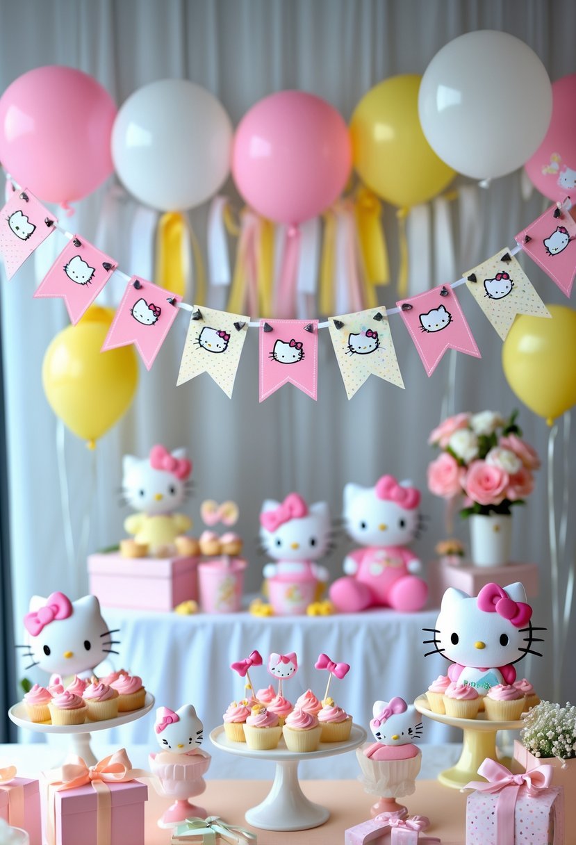 A decorated baby shower scene with pastel colors, Hello Kitty-themed decorations, balloons, cupcakes, and floral arrangements.
