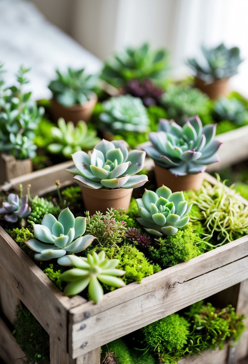 Fifteen small succulent plants in wooden crates filled with green moss arranged as wedding decorations.