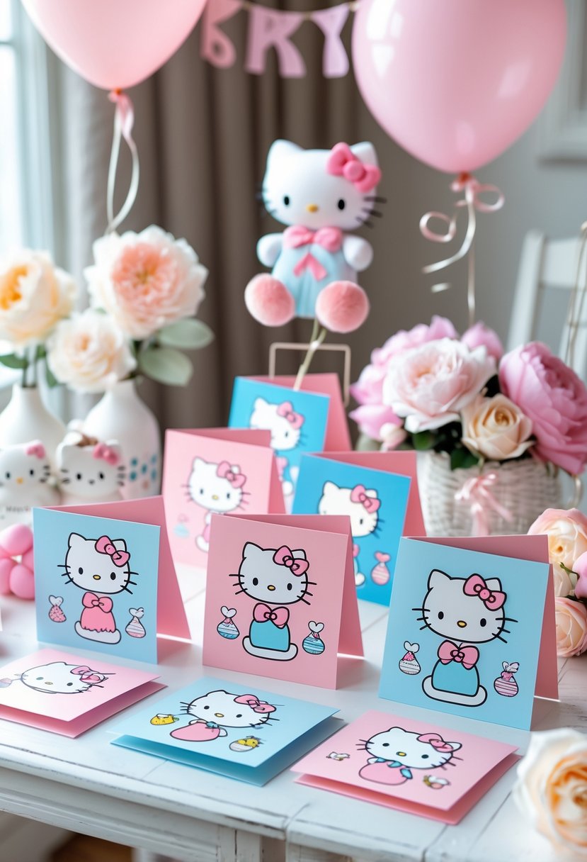 A table displaying 15 Hello Kitty themed baby shower greeting cards surrounded by balloons, plush toys, and flowers.