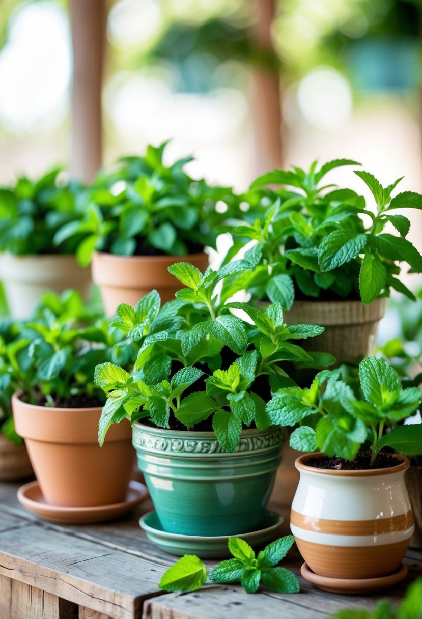 A collection of 15 potted mint plants arranged on a wooden table as wedding decorations.