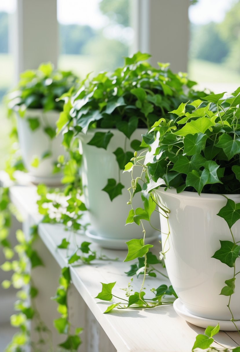 Several white ceramic pots with trailing ivy plants arranged on a wooden surface.