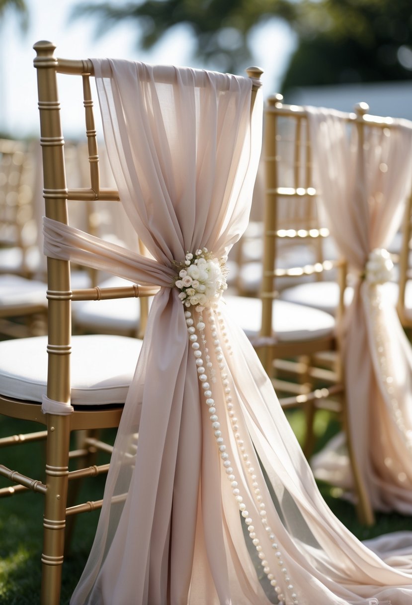 Wedding chairs decorated with draped chiffon fabric and pearl accents in an elegant setting.