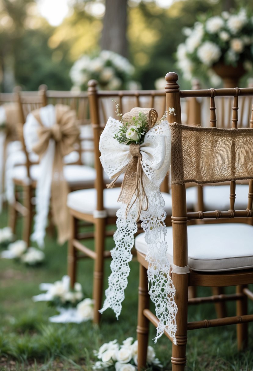 Wedding chairs decorated with burlap and lace bows arranged outdoors with flowers and greenery.