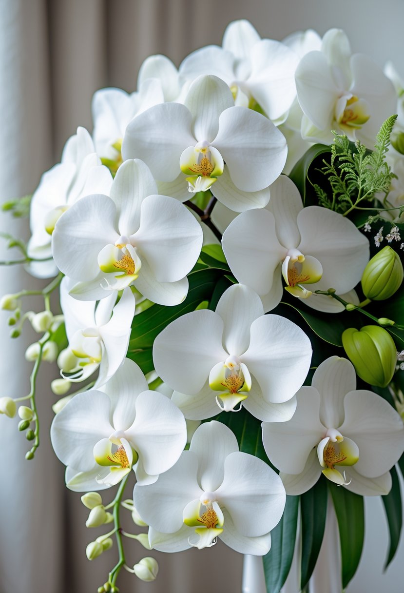 A bridal bouquet made of white Phalaenopsis orchids with green leaves on a softly blurred background.
