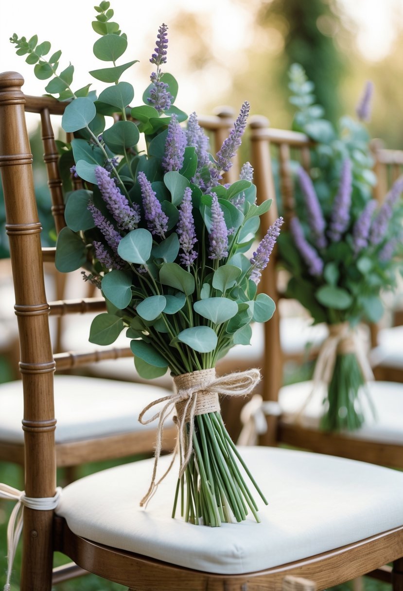Wedding chairs decorated with fresh eucalyptus and lavender bundles tied with ribbons outdoors.