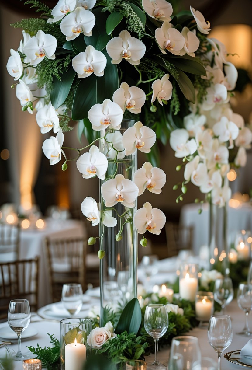 A wedding table decorated with tall cascading orchid centerpieces surrounded by green leaves and foliage.