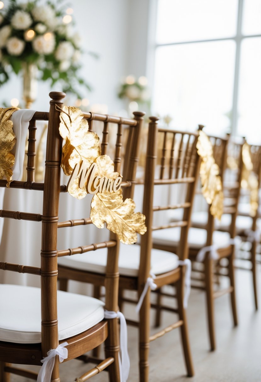 Wedding chairs decorated with gold leaf signs hanging on the backrests in a bright event space.