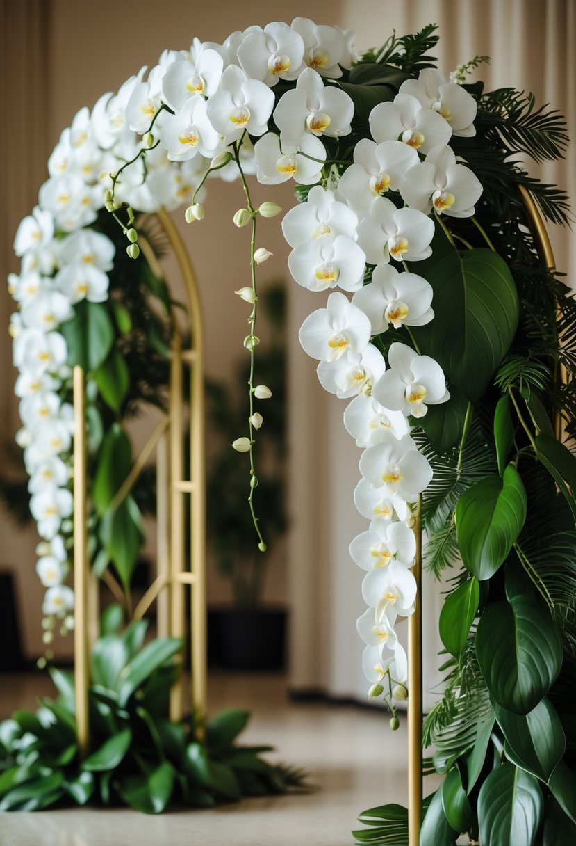 A gold arch decorated with white orchids and green leaves, set up for a wedding.