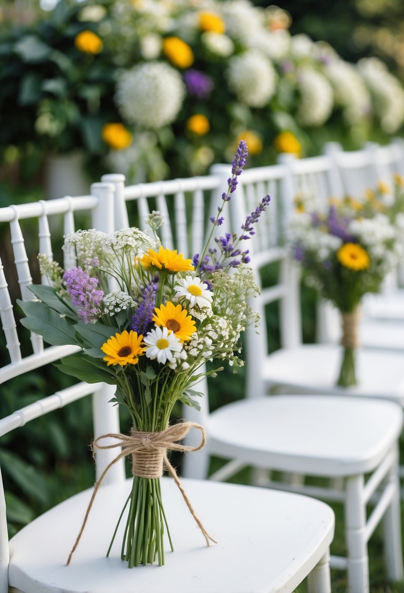 Wedding chairs decorated with hand-tied wildflower bouquets attached to the backs in an outdoor setting.