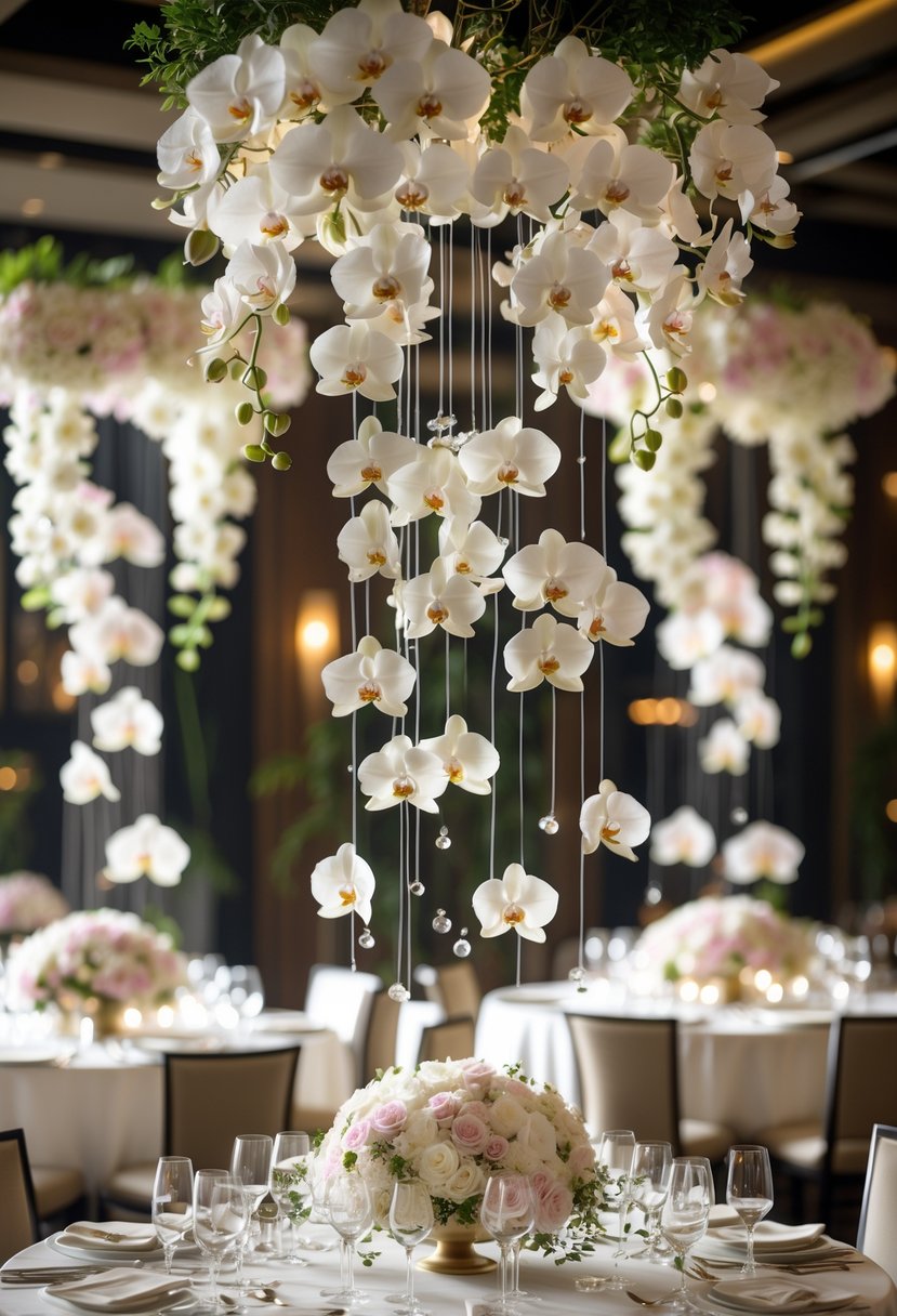 Wedding reception tables with elegant floating orchid floral arrangements hanging above them.