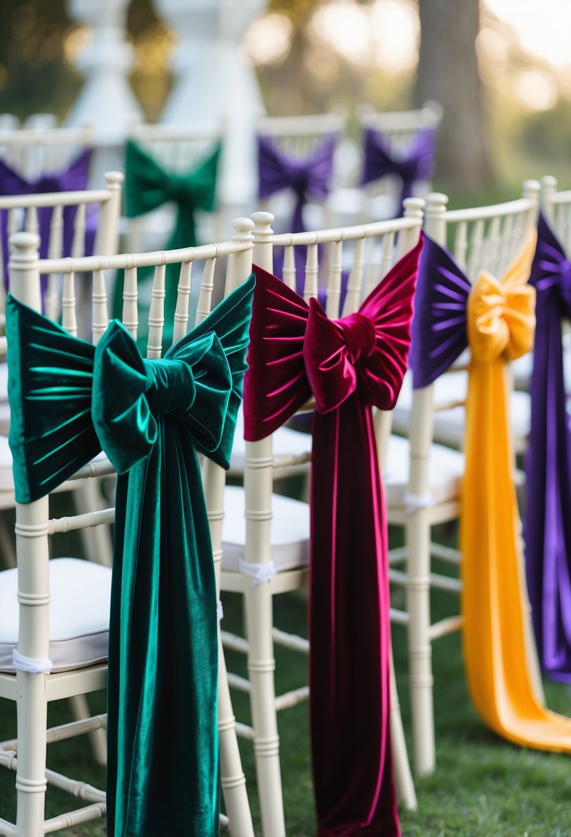 Wedding chairs decorated with velvet ribbon sashes in various jewel tones arranged in a wedding venue.