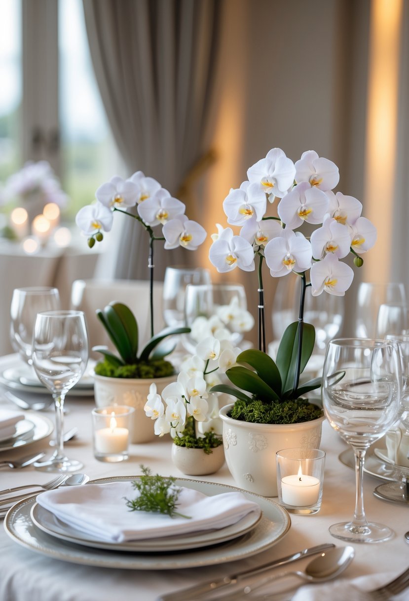 A wedding table set with mini orchid plants as place settings, surrounded by plates, silverware, and glasses.