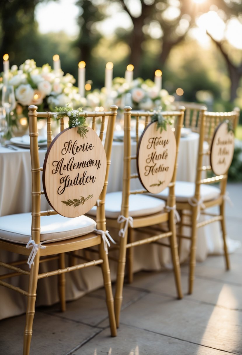 Wedding chairs decorated with personalized wooden plaques hanging on them, surrounded by floral centerpieces in an outdoor garden setting.