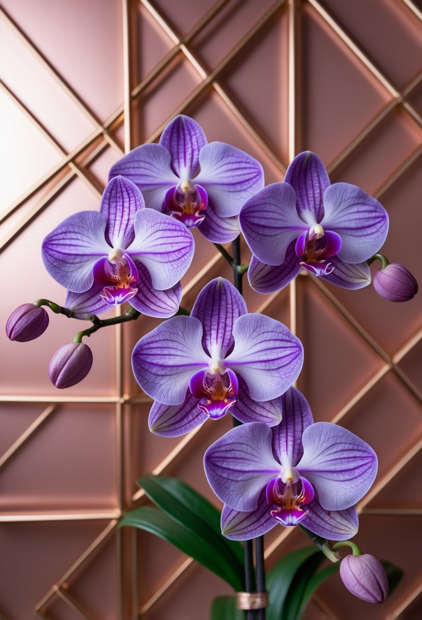 A rose-gold geometric backdrop with an arrangement of lilac and purple orchids in front.